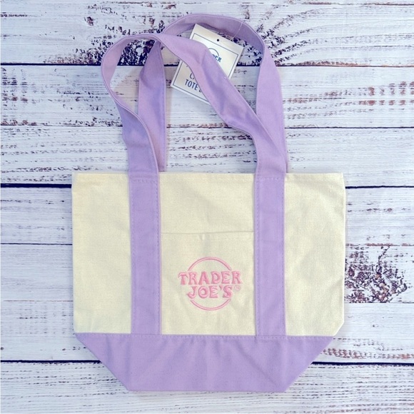 NWT! Trader Joes Purple & Cream Mini Tote Bag - Picture 2 of 7